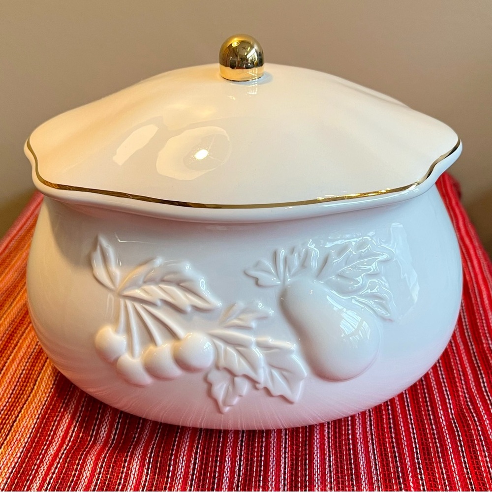 Vintage Teleflora ceramic serving dish with fruit motif and gold accents
